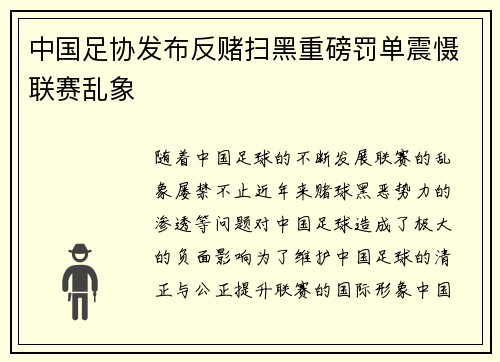 中国足协发布反赌扫黑重磅罚单震慑联赛乱象